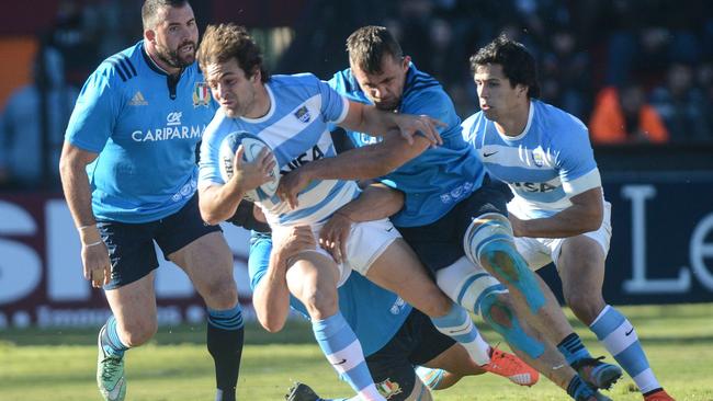 Argentina's fly-half Nicolas Sanchez (C) starred for the home side kicking 20 points of the tee.