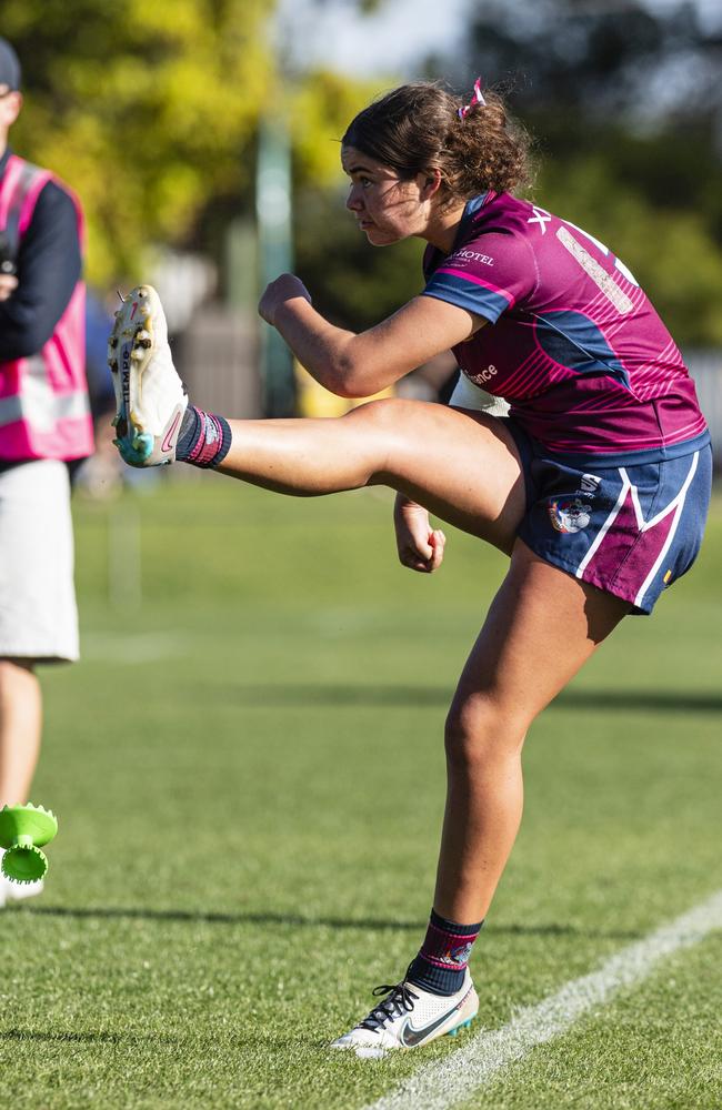 Sophia Wright of Toowoomba Bears against St George Roma in Downs Rugby Womens XV grand final rugby union at Toowoomba Sports Ground, Saturday, August 24, 2024. Picture: Kevin Farmer