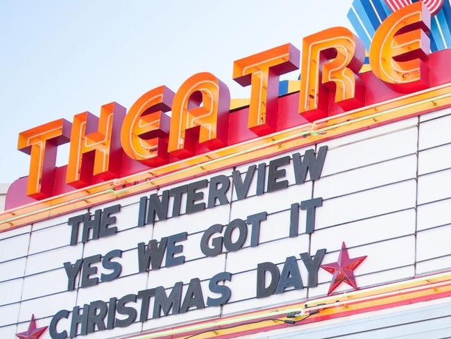 ATLANTA, GA - DECEMBER 25: General view of the Plaza Theatre marquee during Sony Pictures' release of "The Interview" at the Plaza Theatre on, Christmas Day, December 25, 2014 in Atlanta, Georgia. Sony hackers have been releasing stolen information and threatened attacks on theaters that screened the film. (Photo by Marcus Ingram/Getty Images)