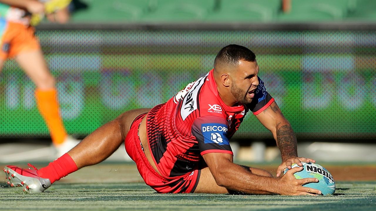 Josh Kerr scores a try during the NRL Nines. Picture: AAP