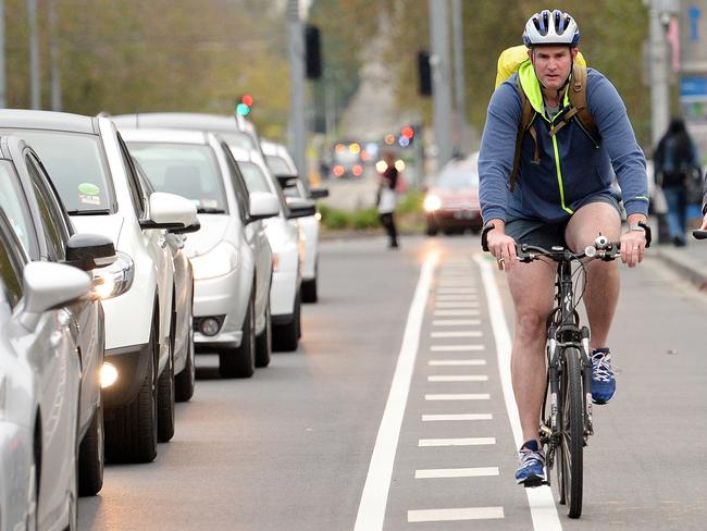 Not many bikes in the bike lane while traffic builds up in the 1 lane for cars on Princess Bridge, Melbourne.  Picture: Nicole Garmston