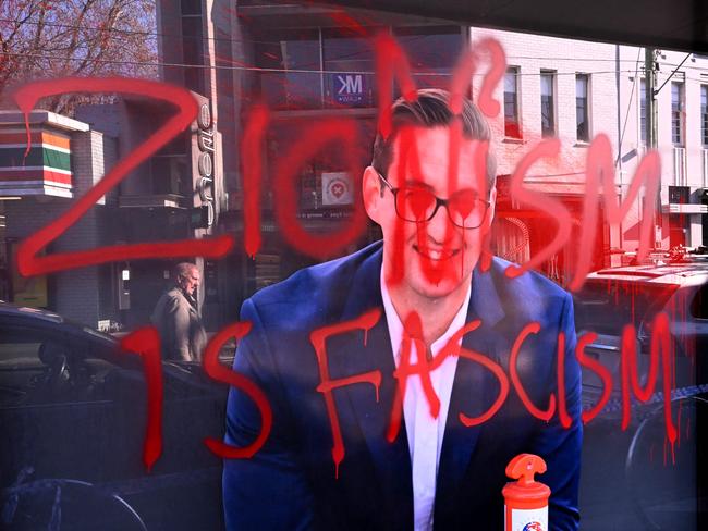 The slogan “Zionism is Fascism” was sprayed on the electoral office of Australian federal Labor Party MP Josh Burns. Picture: William West