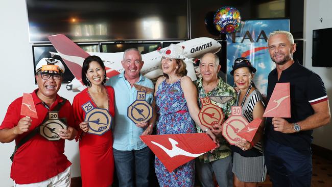 Some of the nearly 1200 cabin crew to farewell Qantas since the COVID crisis erupted. From left to right: Jimmy Wu, Naoko Iwata, David Leslie, Amanda Vince, Emmanuel Fardoulis, Catharine Dunn and Brad Johnson. Picture: John Feder