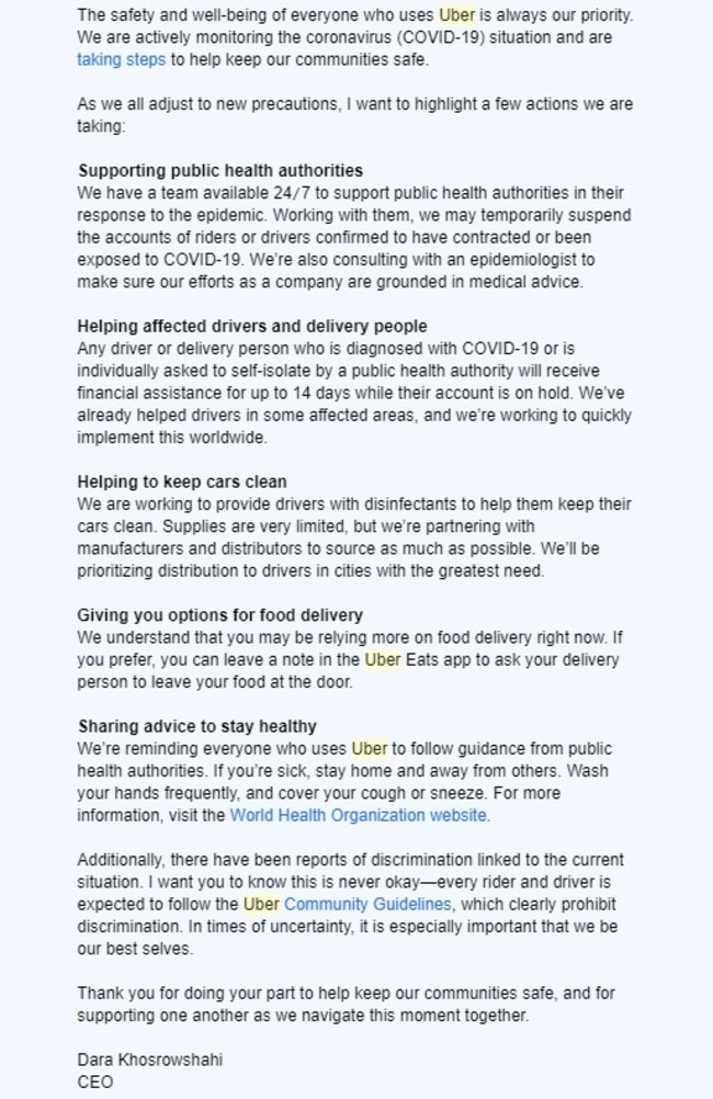 Uber’s statement to Australian Uber and Uber Eats users amid the coronavirus outbreak. Picture: Supplied