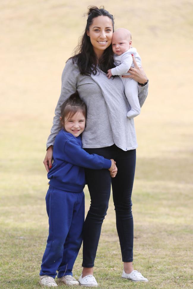 Amber Riwoe with son Harlin Hawkins, nine weeks, and daughter Arianna Riwoe, 5s. Picture: Annette Dew