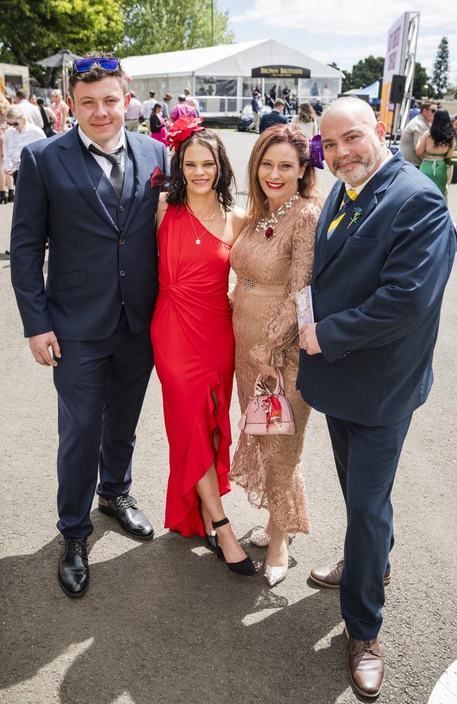 At 2023 Audi Centre Toowoomba Weetwood race day are (from left) Byron Ogden, Hannah McConochie, Tamara Michelle'i and John MacGregor. Picture: Kevin Farmer