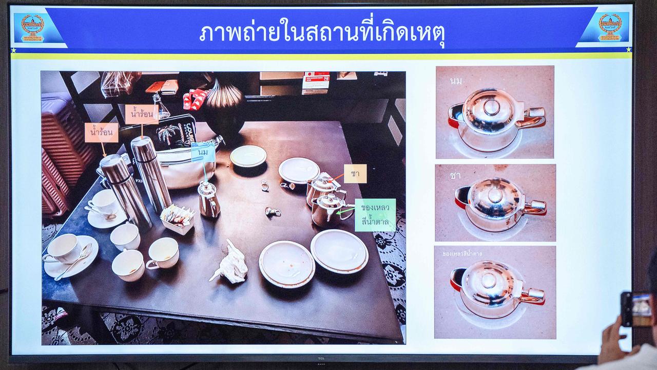 Photos of the drinks left in the room where six people were found dead allegedly due to poisoning were shown to media, during a press conference at Lumpini Police Station in Bangkok on July 17, 2024. Picture: AFP.