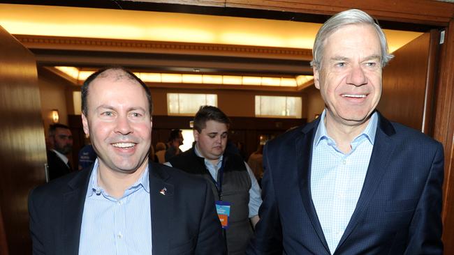 Josh Frydenberg and Michael Kroger arrive at the Liberal Party election launch at the Ivanhoe Centre. Picture: Andrew Henshaw