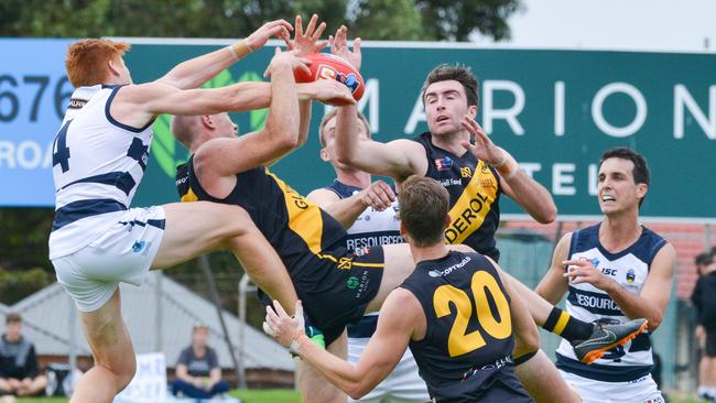 Footy being played at Glenelg Oval last year. Picture: AAP Image/Brenton Edwards