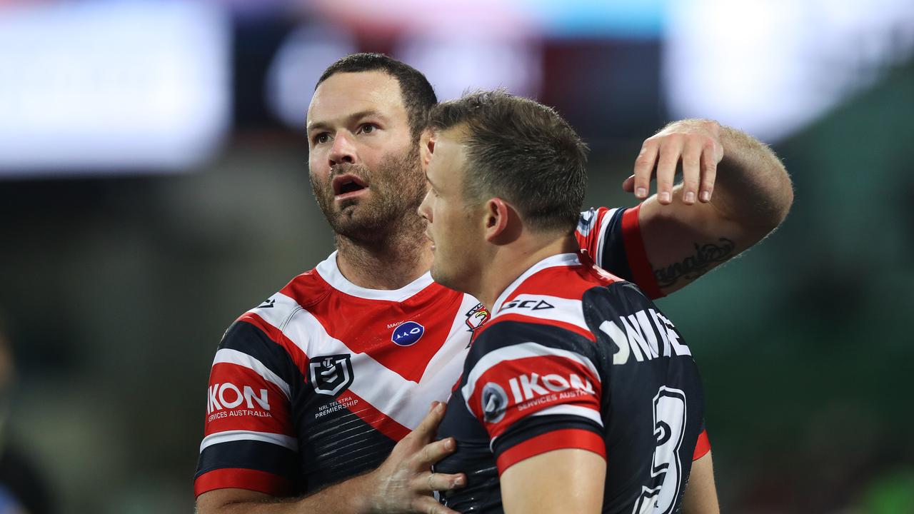 Roosters Boyd Cordner celebrates a try scored by Roosters Josh Morris during the Sydney Roosters v Broncos NRL match at the SCG. Picture: Brett Costello