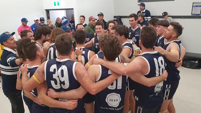 The senior team celebrate after winning their first match since 2021. Picture: Kim Fitzpatrick.