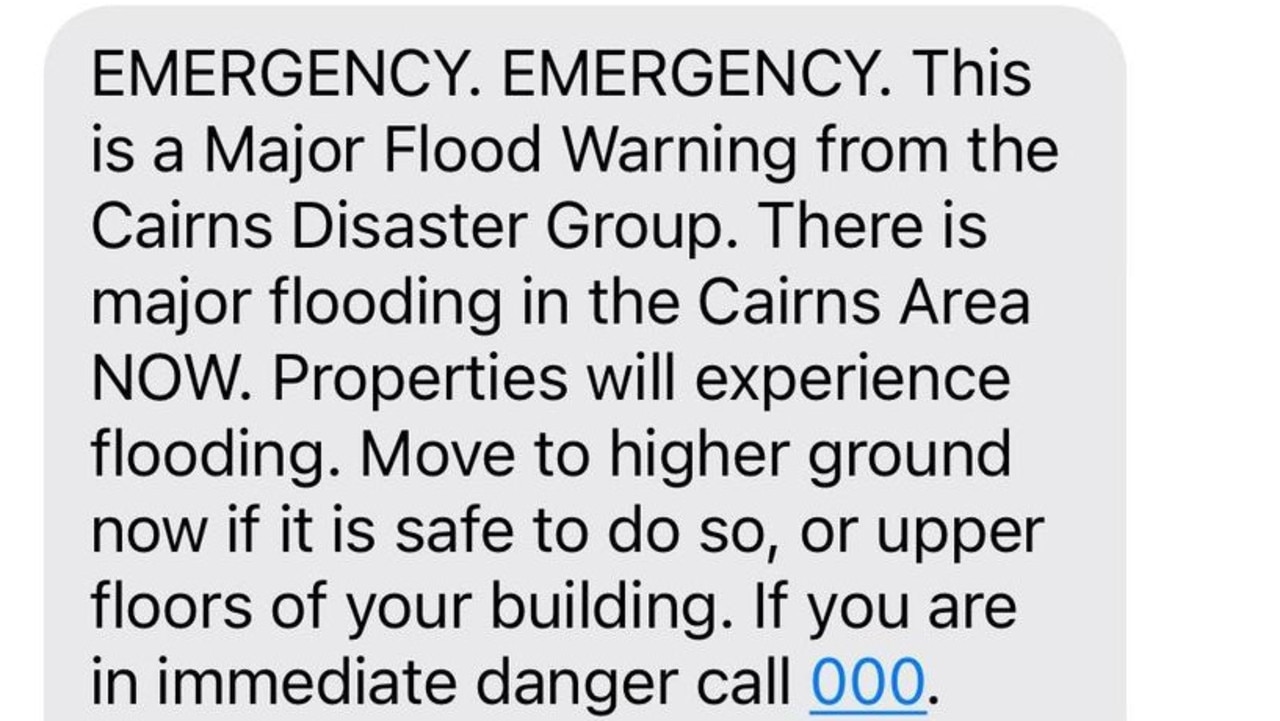 A CairnsAlert flood warning sent at 9.28am on Sunday December 17. Picture: Supplied