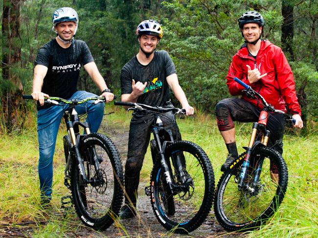 Member for Hornsby Matt Kean with professional mountain biker Matt Jones and Dan Smith from Synergy Trails at Hornsby Mountain Bike Trail. Picture: Jordan Shields