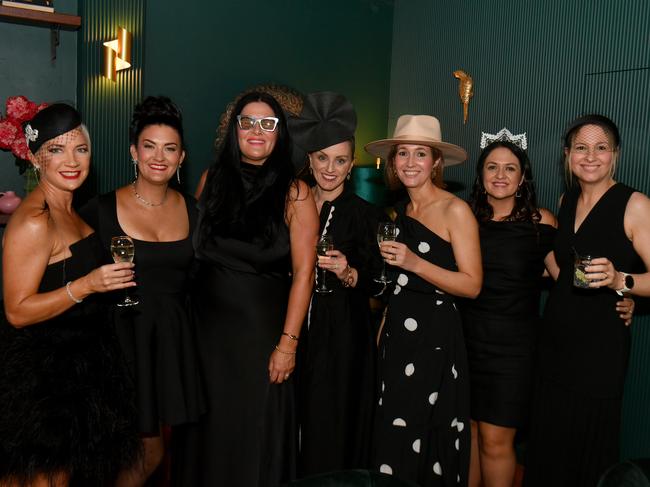 Derby Day celebrations at Flinders Lane. Alicia Collins, Tess Sellwood, Ashlee Hutchinson, Rebecca Horan, Gen Smith, Tammy Quagliatta and Eliza Lovell. Picture: Evan Morgan