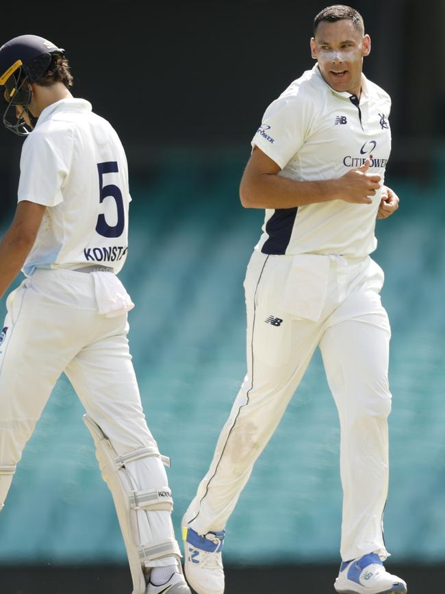 Scott Boland eyeballs Sam Konstas after taking his wicket.