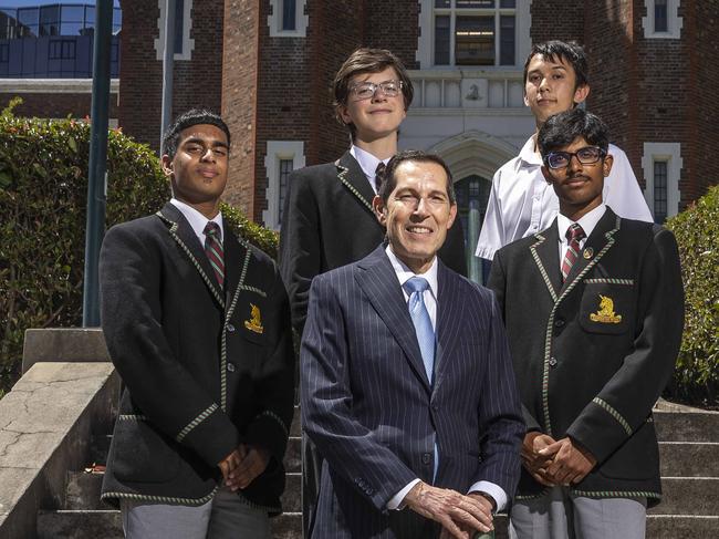 National education story - Maths and STEMMelbourne High Principal Anthony Mordini is joined by students Sandush Peiris (15), Louis Rainsford (15), Gabriel Tran (16) and Shannon Rs (15). Picture: Jake Nowakowski. Picture: Jake Nowakowski