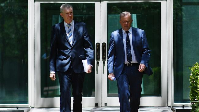 Tony Burke, left, and Anthony Albanese respond to the proposed industrial relations reform bill. Picture: Getty Images