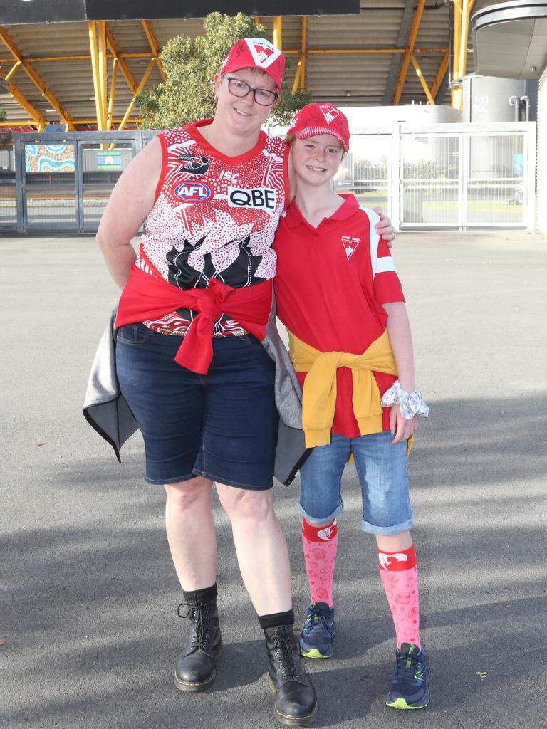 The Gold Coast Suns will host its first AFLW final when they take on the Sydney Swans on Saturday night. Jemah and Lilly Parker. 11 November 2023 Carrara Picture by Richard Gosling