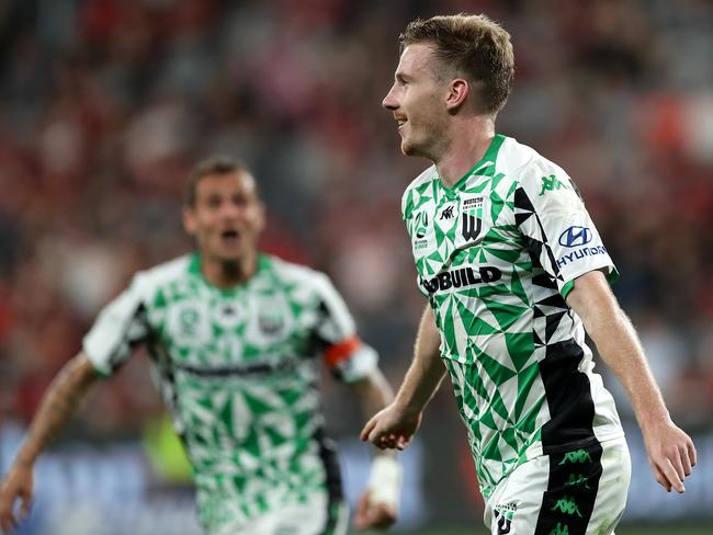 SYDNEY, AUSTRALIA - DECEMBER 20: Aaron Calver of United celebrates scoring a goal during the round 11 W-League match between the Western Sydney Wanderers and Western United at Bankwest Stadium on December 20, 2019 in Sydney, Australia. (Photo by Mark Metcalfe/Getty Images)