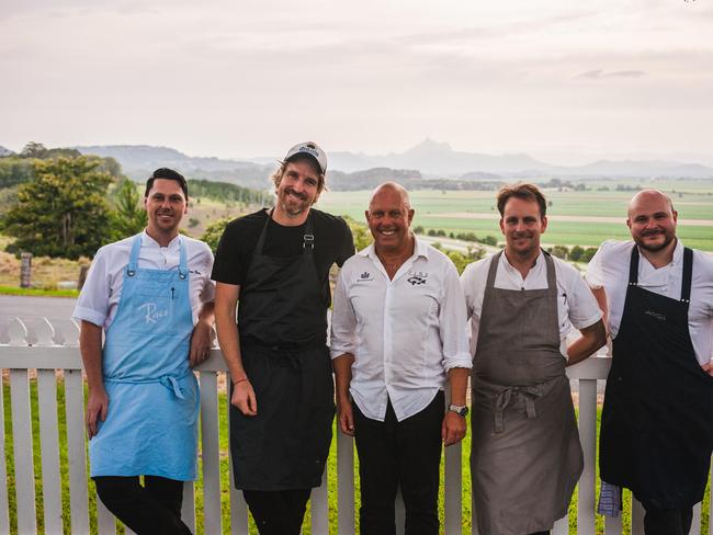 Chefs Jason Saxby (Rae’s on Wategos), Darren Robertson (Three Blue Ducks), Steven Snow (Fins), Ben Devlin (Pipit), Alastair Waddell (Harvest) united to help raise funds for the bushfire appeal. Photo: Dean James from Layer of Salt.