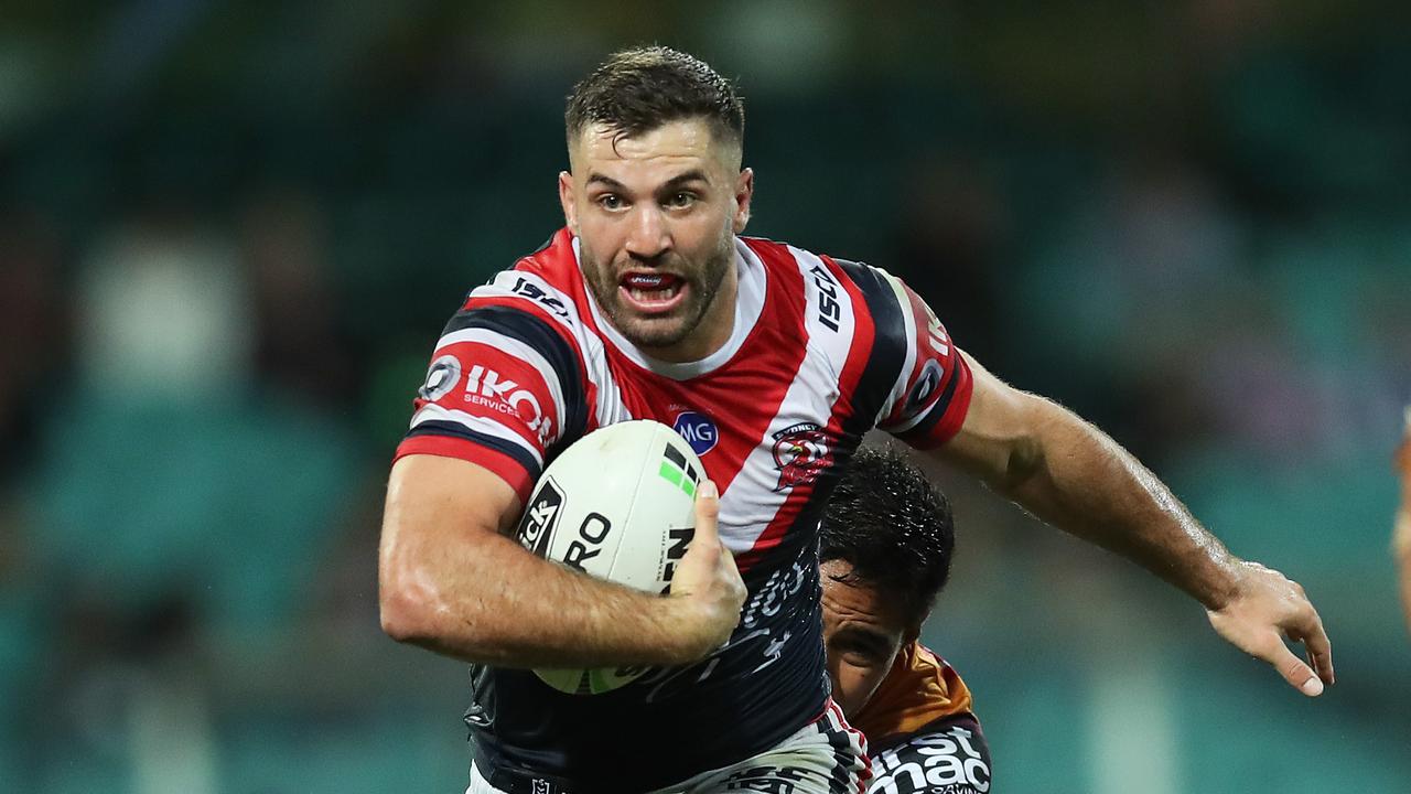 Roosters' James Tedesco on his way to score a try against Brisbane