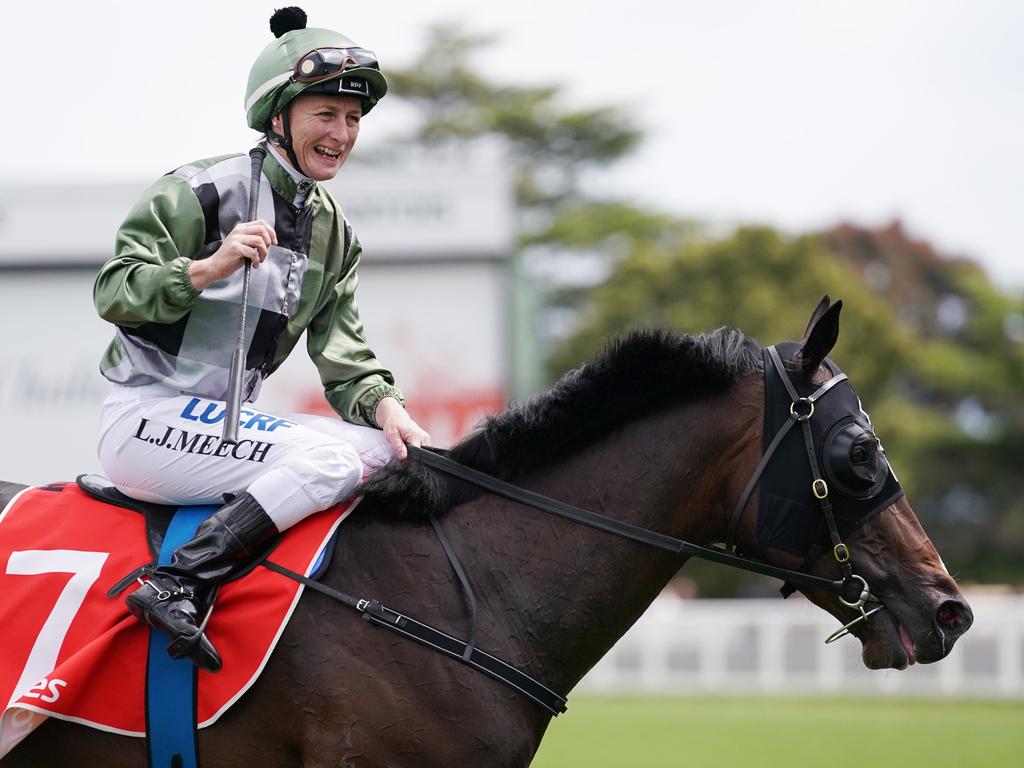 Linda Meech after riding Thought of That to victory at Caulfield. (AAP Image/Michael Dodge)