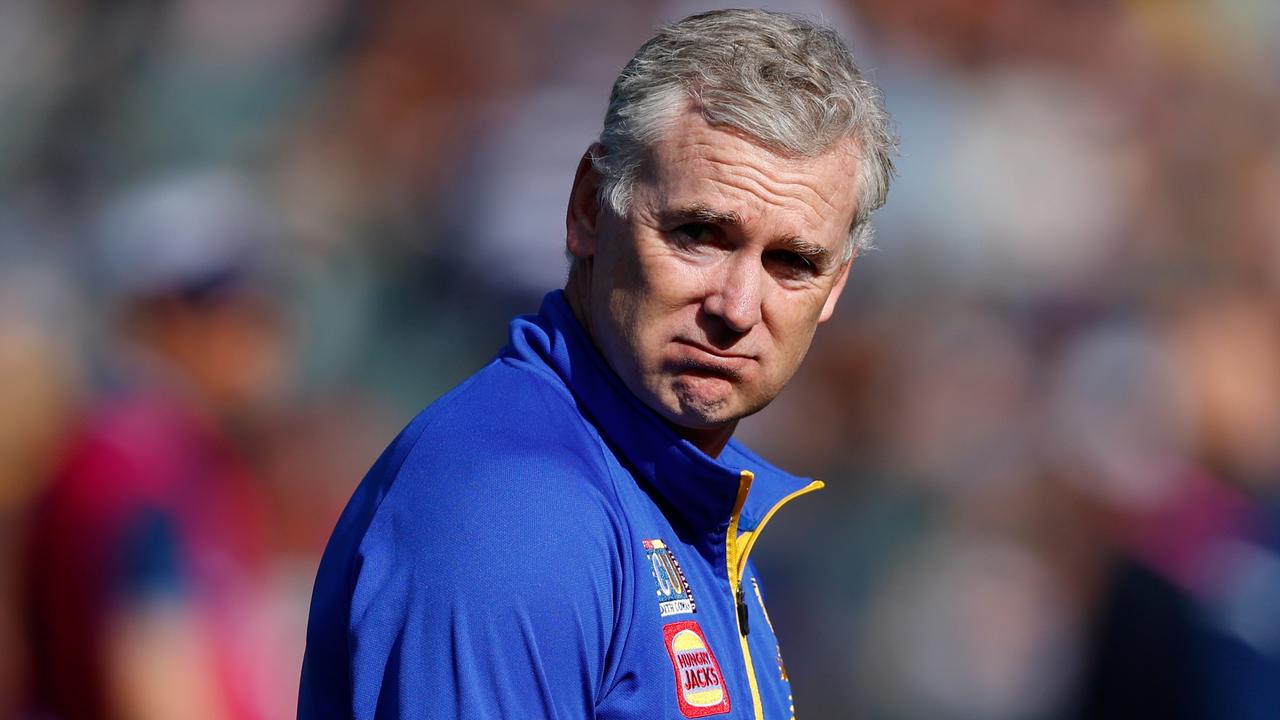 ADELAIDE, AUSTRALIA - APRIL 16: Adam Simpson, Senior Coach of the Eagles looks on during the 2023 AFL Round 05 match between the Geelong Cats and the West Coast Eagles at Adelaide Oval on April 16, 2023 in Adelaide, Australia. (Photo by Dylan Burns/AFL Photos via Getty Images)