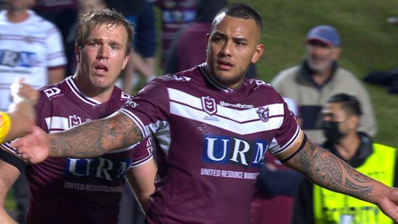 Addin Fonua-Blake protests with referee Grant Atkins.