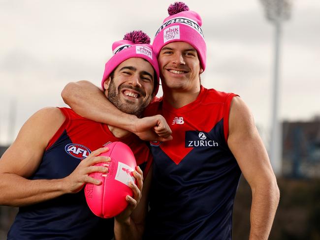 L-R  Fraser Rosman and Christian Petracca  MELBOURNE, AUSTRALIA - JULY 05: Melbourne Football Club BCNA Photos at GoschÃs Paddock on July 05, 2021 in Melbourne, Australia. (Photo by Michael Willson/AFL Photos)