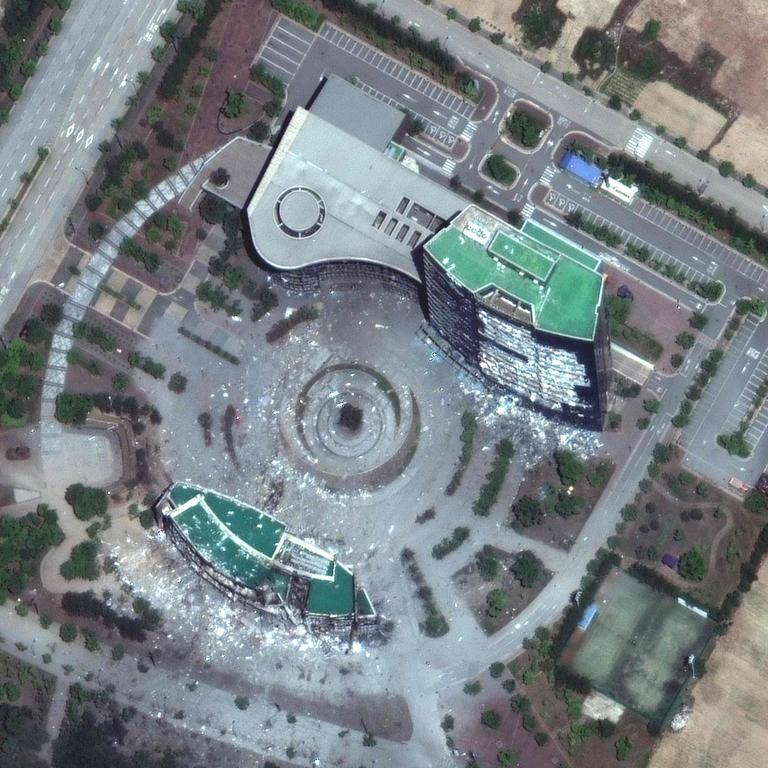 A close up view of the Inter-Korean Liaison Office after it was destroyed by explosives by North Korean forces on June 16th. Picture: AFP PHOTO / Satellite image Â©2020 Maxar Technologies.