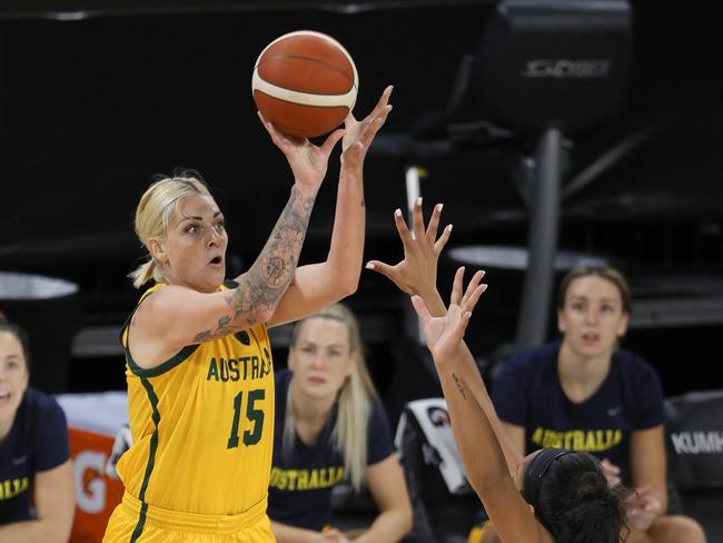 LAS VEGAS, NEVADA - JULY 16: Cayla George #15 of the Australia Opals shoots against A'ja Wilson #9 of the United States during an exhibition game at Michelob ULTRA Arena ahead of the Tokyo Olympic Games on July 16, 2021 in Las Vegas, Nevada. Australia defeated the United States 70-67.   Ethan Miller/Getty Images/AFP == FOR NEWSPAPERS, INTERNET, TELCOS & TELEVISION USE ONLY ==