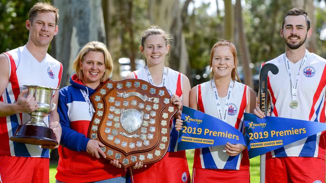 Tom Cleghorn (left) has become accustomed to success at the Adelaide Hockey Club, and it seems his team is set for another big year in 2022. Picture: Brenton Edwards