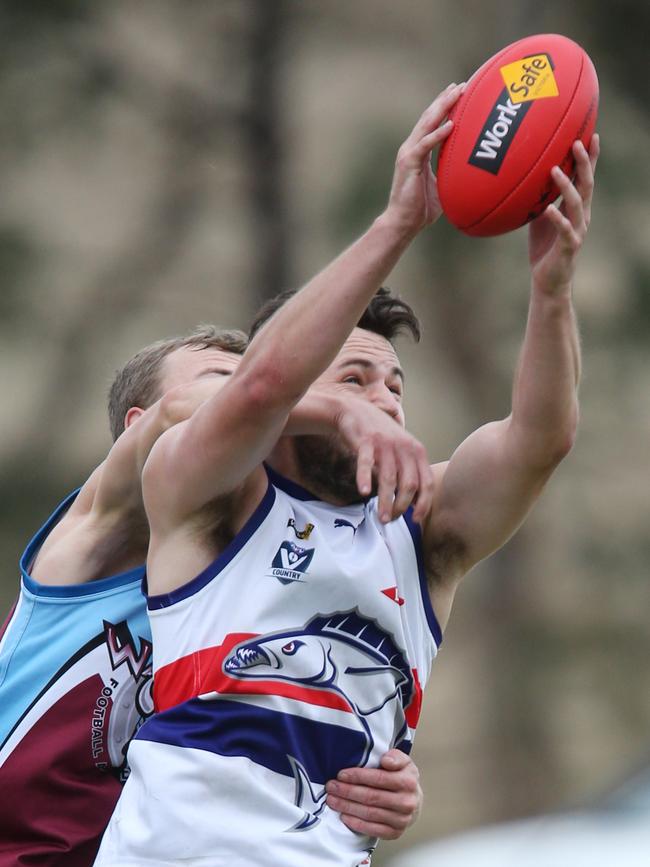 Football BFL: Modewarre v Queenscliff. Queenscliff 9 Che Durran marks while Modewarre 34 Morgan Fenton tries to spoil Picture: Mark Wilson