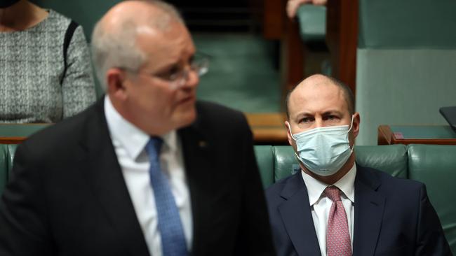 Treasurer Josh Frydenberg with Prime Minister Scott Morrison during Question Time in the House of Representatives. Picture: NCA NewsWire/Gary Ramage