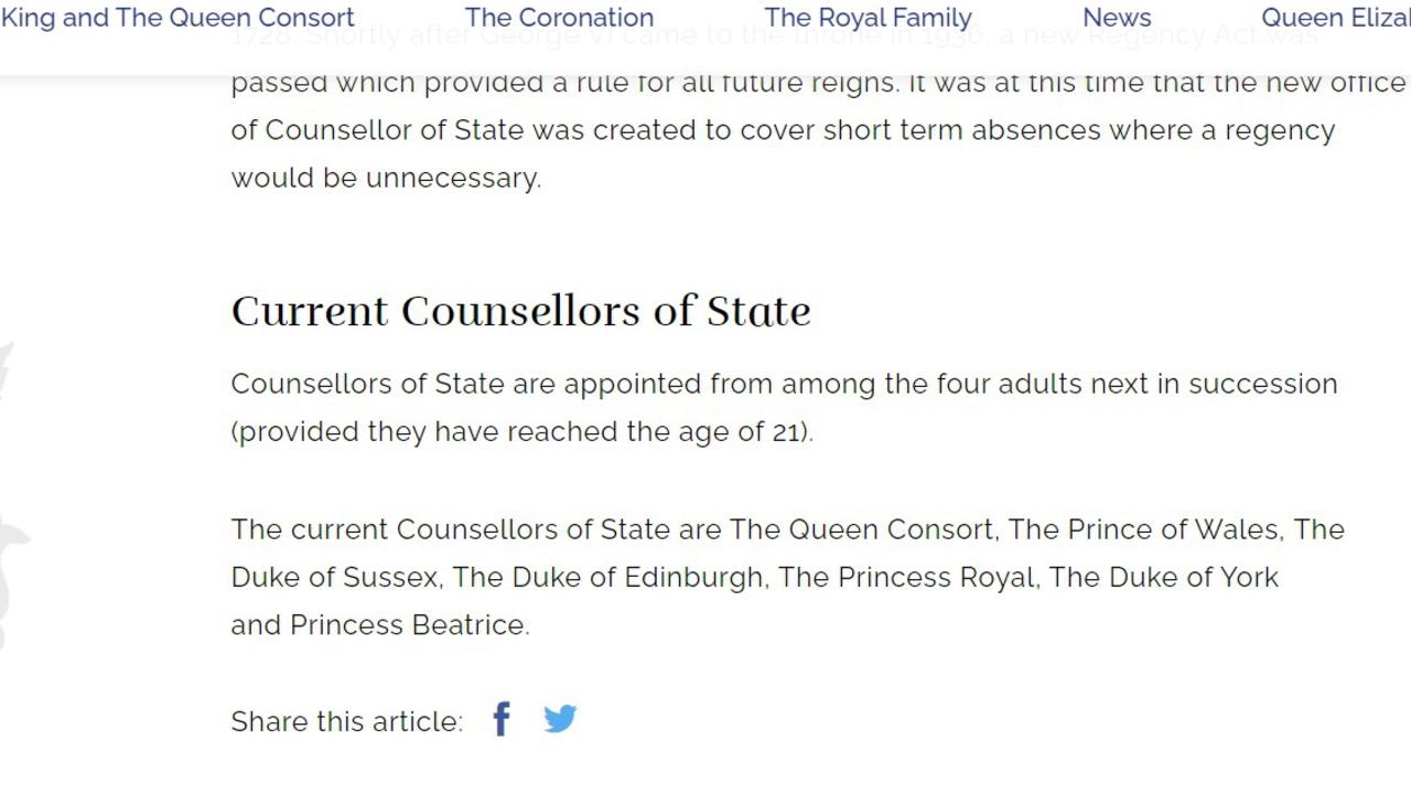 Prince Harry and Prince Andrew are still Counsellors of State on the updated royal website.