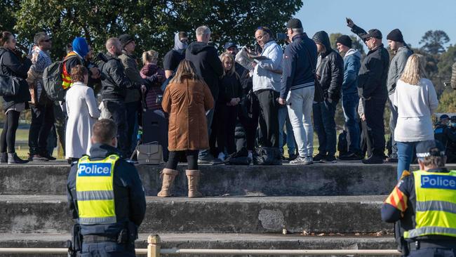 Worshippers gathered in a park in Narre Warren after police blocked access to the Revival Christian Church.