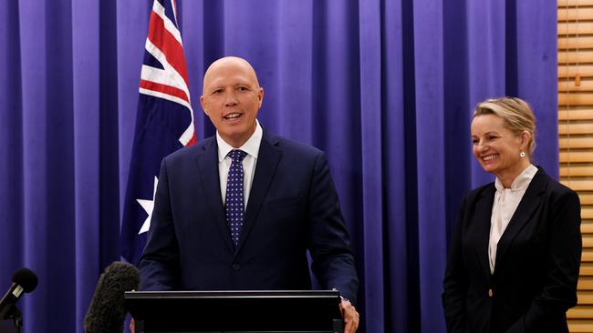 New Liberal Party leader Peter Dutton and his deputy Sussan Ley speak to media after the Liberal Party Room Meeting at Parliament House in Canberra on Monday. Picture: NCA NewsWire / Tracey Nearmy