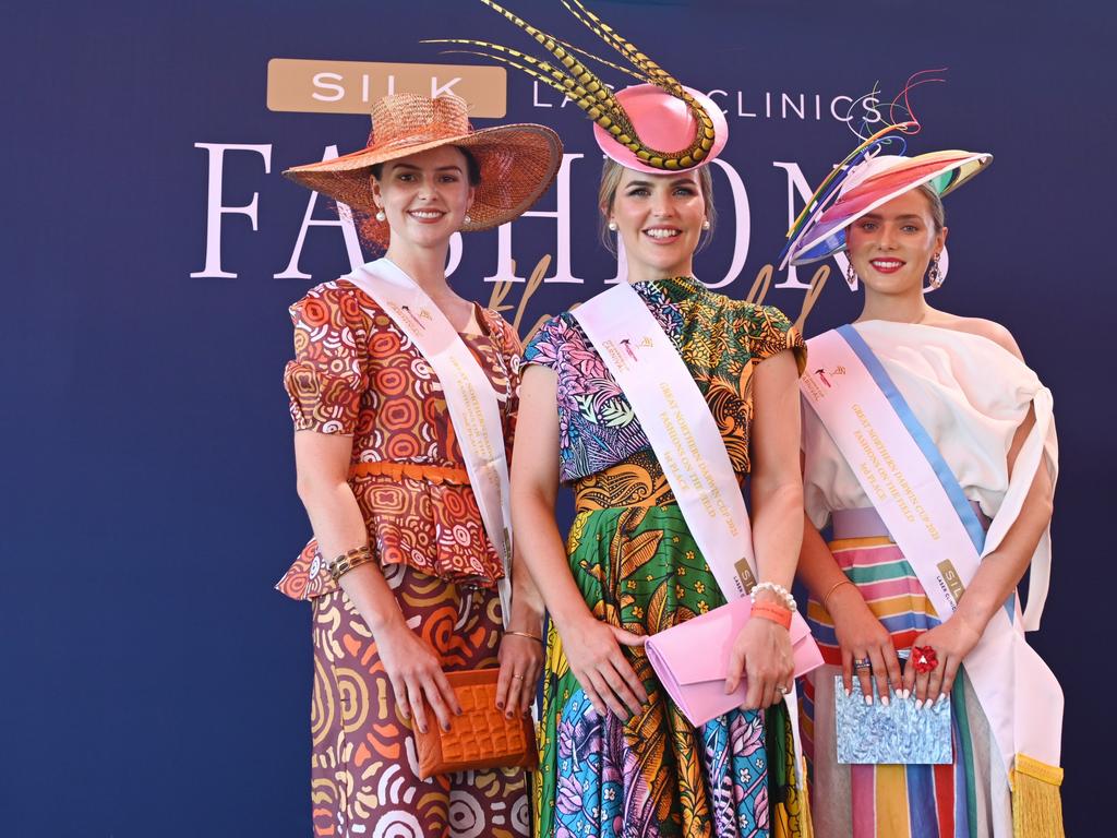 The winners of the 2021 Darwin Cup Fashions on the Field competition: Mietta Russell (Womens' Final), Hannah Burns (Overall Winner) and Jaimee Bruggemann (Millinery Final). Picture: Julianne Osborne