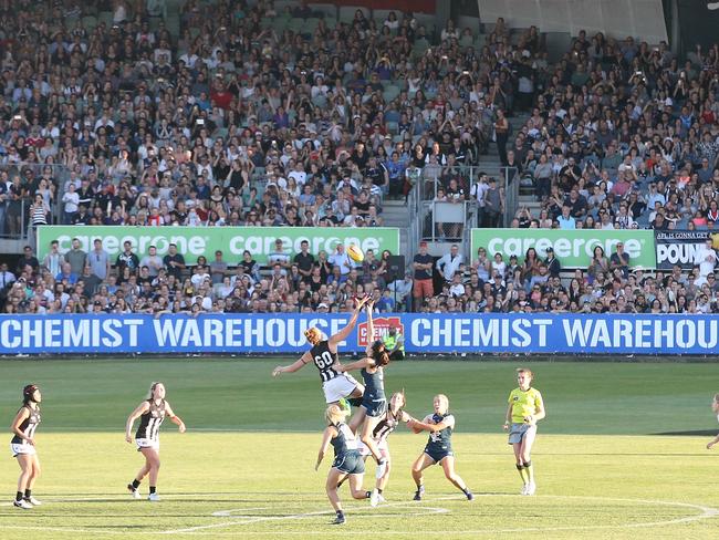 The first bounce of the inaugural AFLW season. Picture: Wayne Ludbey