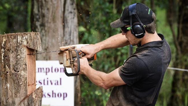 Ben Sparshott of Leaftail Environmental demonstrates chainsaw carving at the Hampton Festival, Saturday, May 17, 2025. Picture: Kevin Farmer
