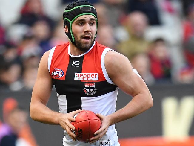 Paddy McCartin of the Saints is seen in action during the Round 15 AFL match between the Melbourne Demons and the St Kilda Saints at the MCG in Melbourne, Sunday, July 1, 2018. (AAP Image/Julian Smith) NO ARCHIVING, EDITORIAL USE ONLY