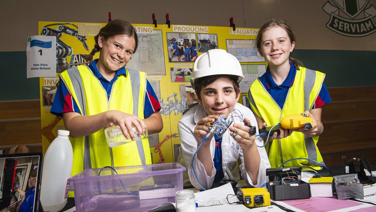 Vale View State School students (from left) Elouise Marchant, Oliver Gorman and Charlotte Coote demonstrate their solution for detecting toxins in the air in a manufacturing environment at the STEM advanced manufacturing Makers Empire schools showcase at The Salo Centre, St Ursula's College, Monday, November 4, 2024. Picture: Kevin Farmer