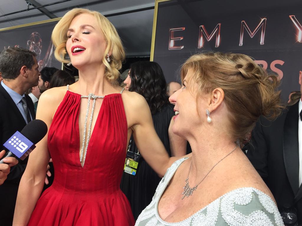 A candid moment between Nicole Kidman and Liane Moriarty at the 2017 Emmys. Picture: AAP Image/ Peter Mitchell