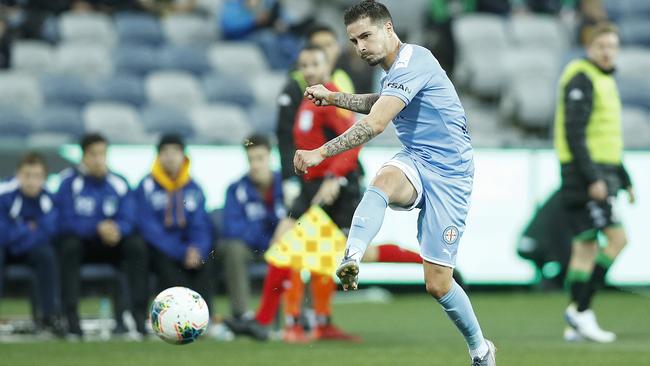 Melbourne City striker Jamie Maclaren scores against Western United at GMHBA Stadium in Geelong on Saturday. Picture: Getty Images