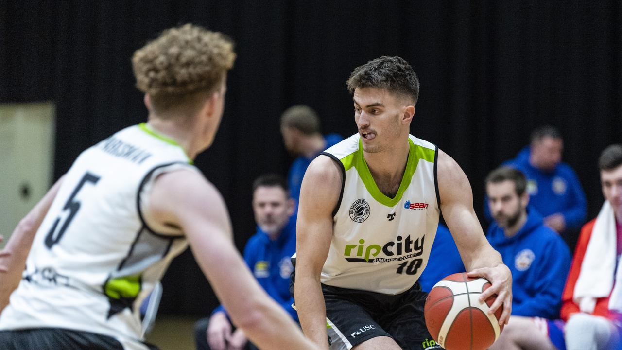 Sebastian Morris of Rip City against Toowoomba Mountaineers in Queensland State League Division 1 mens basketball semi-final at USQ's Clive Berghofer Recreation Center, Saturday, July 30, 2022. Picture: Kevin Farmer