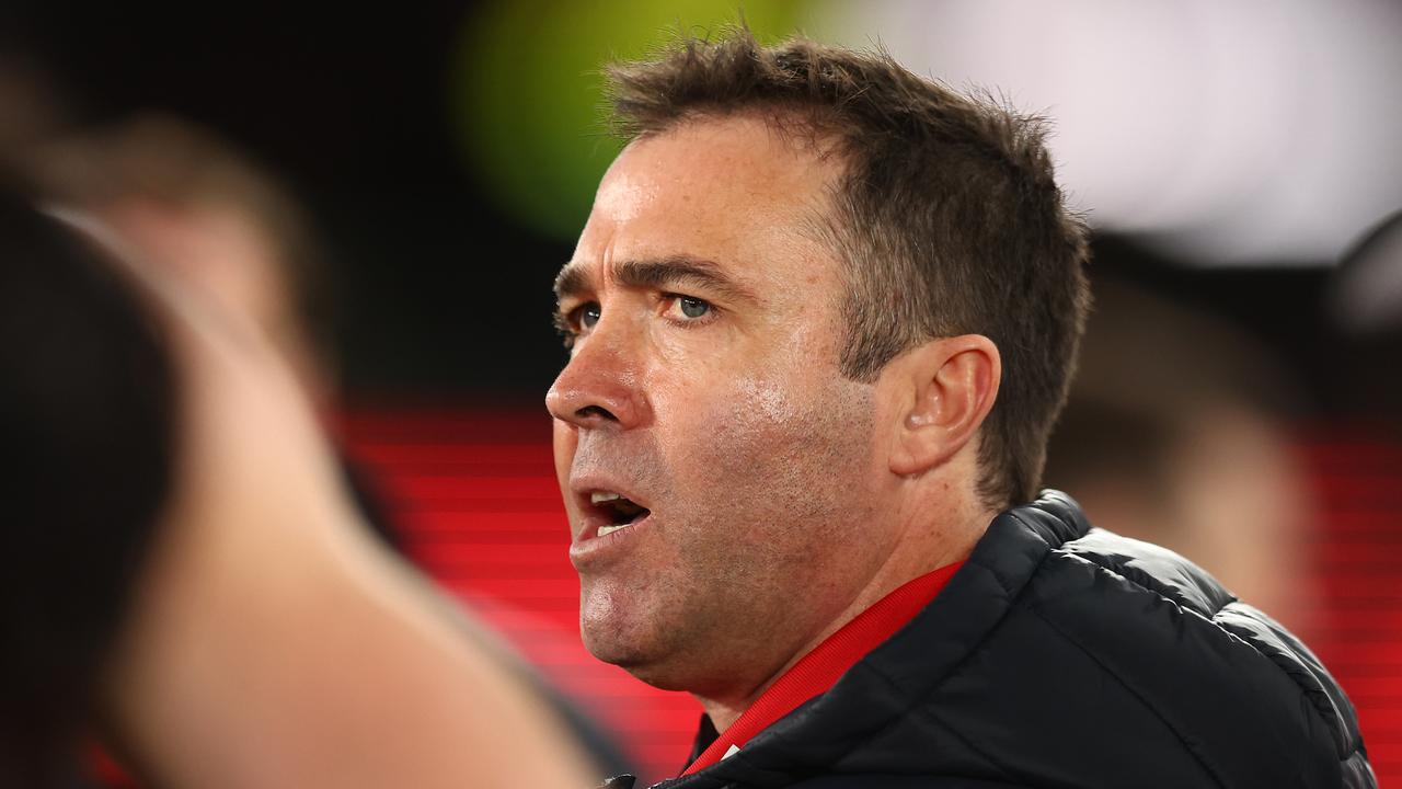 MELBOURNE, AUSTRALIA - AUGUST 05: Essendon Bombers Head Coach Brad Scott gives instructions during the round 21 AFL match between Essendon Bombers and West Coast Eagles at Marvel Stadium on August 05, 2023 in Melbourne, Australia. (Photo by Graham Denholm/AFL Photos via Getty Images)