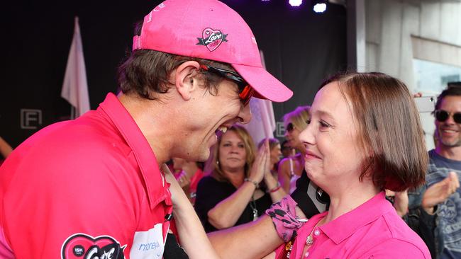 Samuel Johnson arrives back in Melbourne after a year riding around Australia on a unicycle in aid of breast cancer research to honour his sister Connie. Picture: Mark Stewart