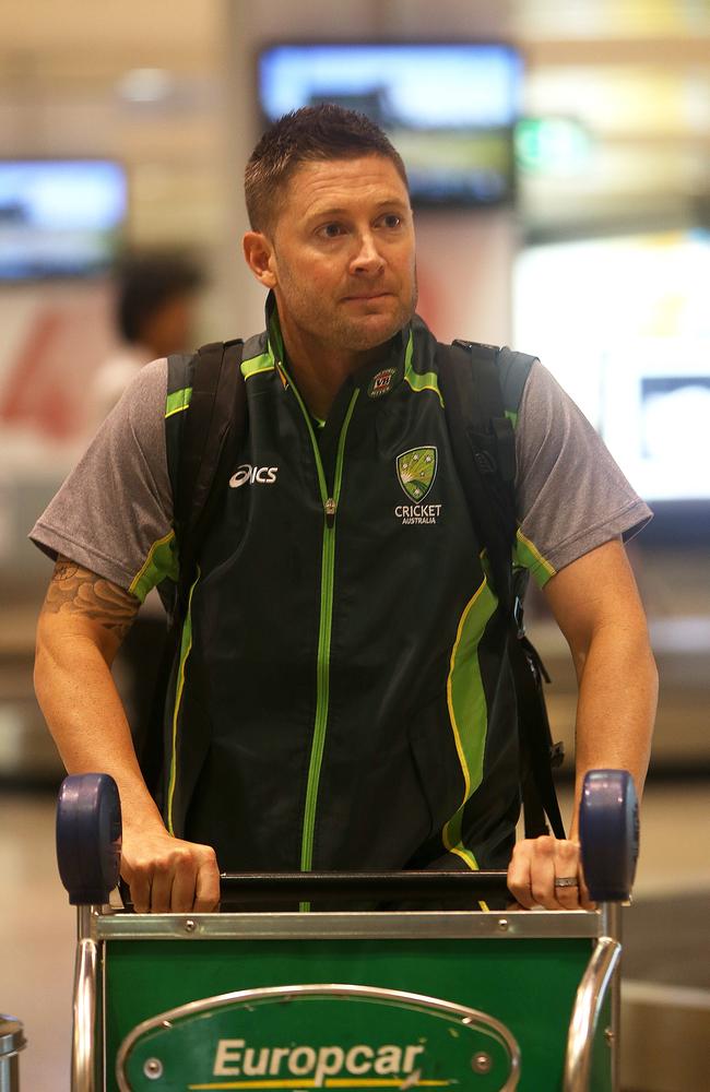 Michael Clarke arrives back in Sydney after re-injuring his hamstring.