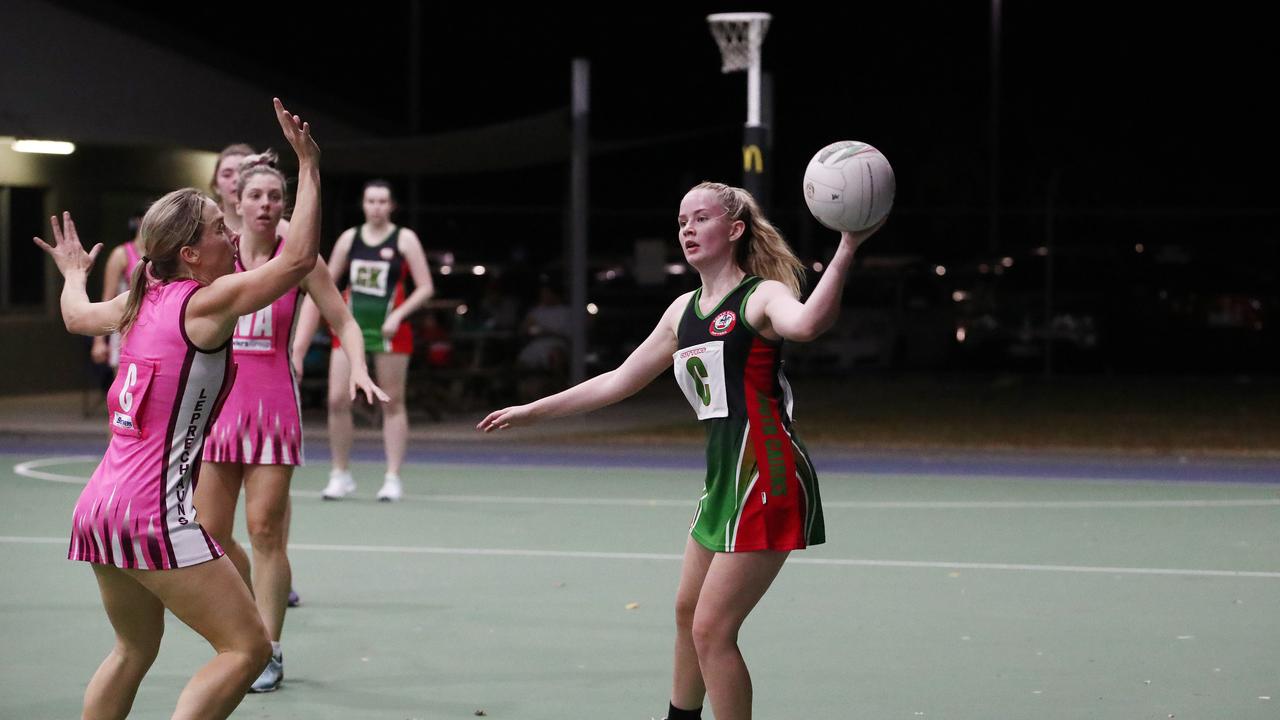 Cutters' Emma Sorrell moves the ball down the court in the Cairns Netball Association Senior Division 1 match between the South Cairns Cutters and Brothers Leprechauns. PICTURE: BRENDAN RADKE