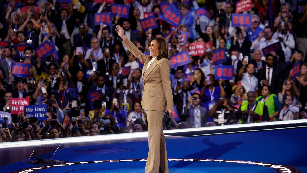 Ms Harris on stage at the DNC. Picture: Kevin Dietsch/Getty Images via AFP